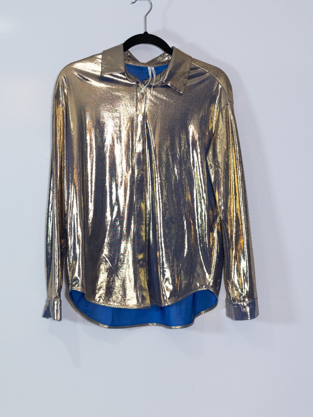 Anthropologie Shine Liquid Metallic Long Sleeve Collared Button Down Shirt Gold